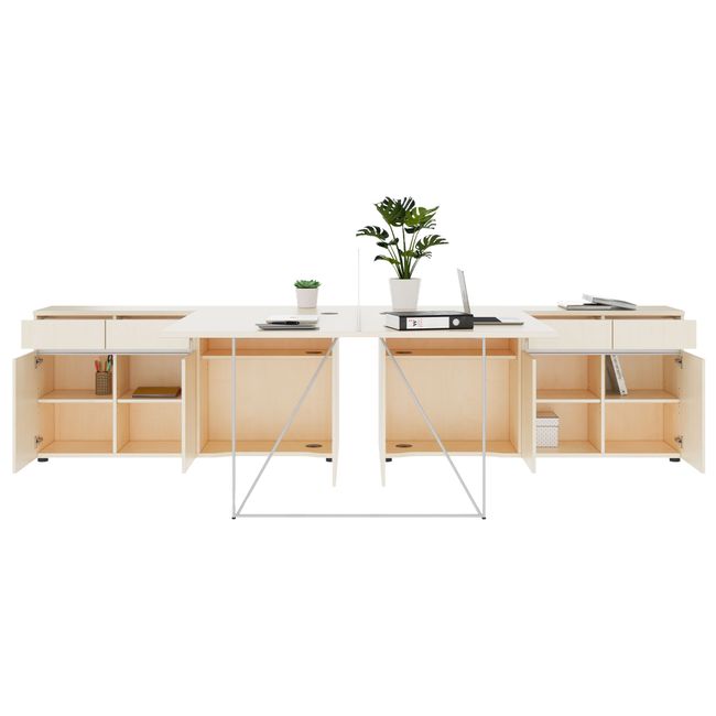 AIR DUO Team-Schreibtisch mit Sideboards | 1600 - 2000 x 3200 mm, elektrifiziert, Ahorn