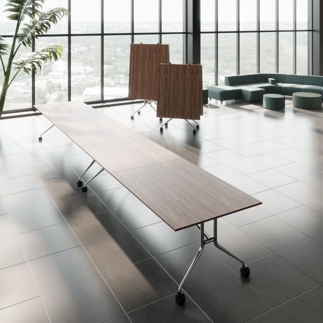 MARA - ARGO LIBRO Klapptisch | 2400 - 2800 x 1000 mm (8 - 10 Personen), rollbar, faltbar, Echtholz-Furnier Nussbaum MARA - ARGO LIBRO Klapptisch | 2400 - 2800 x 1000 mm (8 - 10 Personen), rollbar, faltbar, Echtholz-Furnier Nussbaum