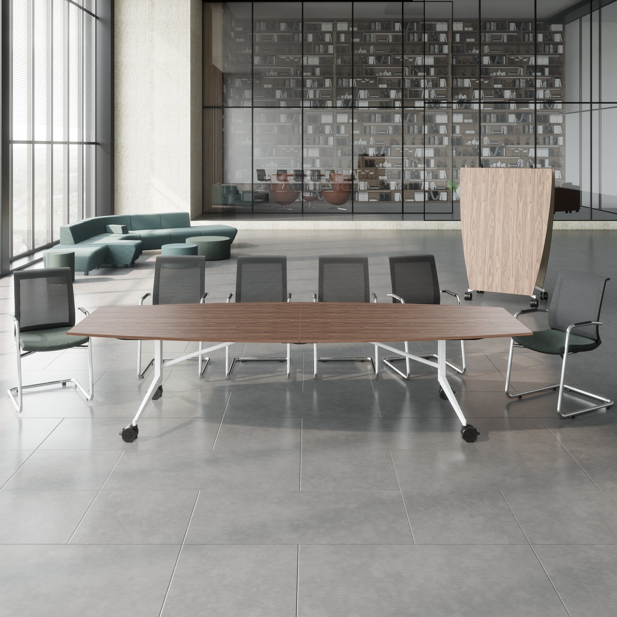 Mara TIMMY LIBRO Tableau de conférence | Forme de démarrage, 3200 x 1200 mm (10 - 14 personnes), roulable, pliable, en noyer en placage en bois réel - 3 Main Image