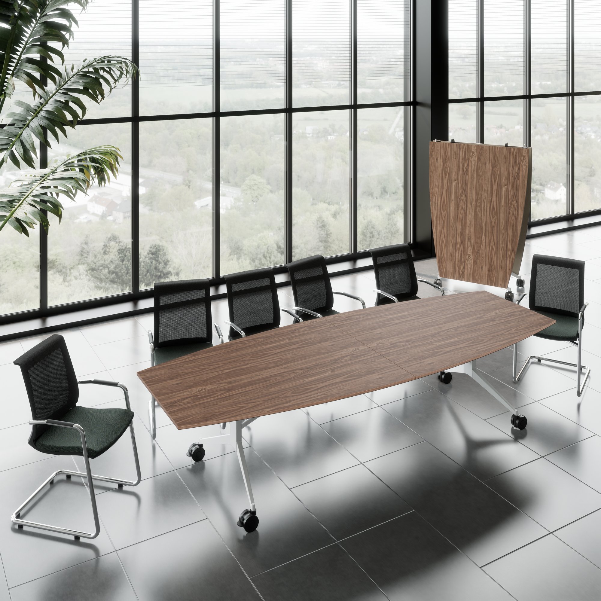 Mara TIMMY LIBRO Tableau de conférence | Forme de démarrage, 3200 x 1200 mm (10 - 14 personnes), roulable, pliable, en noyer en placage en bois réel - 1 Main Image