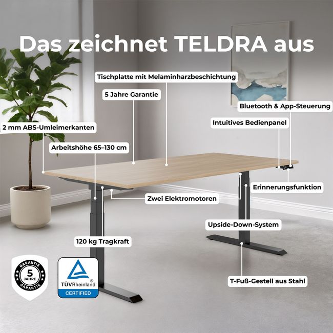 TELDRA Pro, 2-Motoren-Schreibtisch | 1600 - 1800 mm, elektrisch höhenverstellbar, Nussbaum