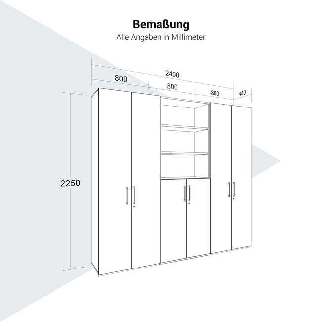 PRO Schrankwand | 6 OH, 2400 x 2250 mm, Grau PRO Schrankwand | 6 OH, 2400 x 2250 mm, Grau