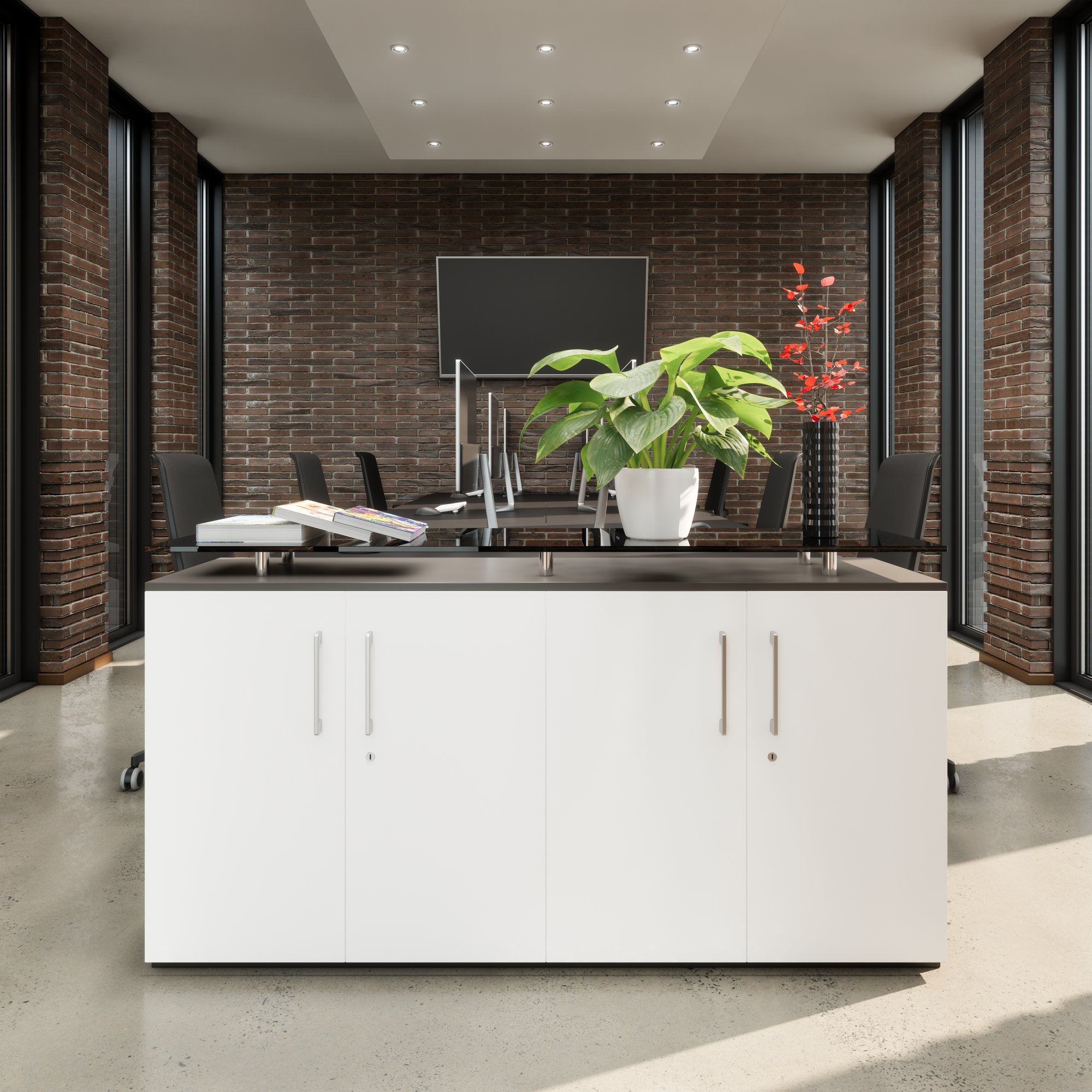 PRO Sideboard | 2 OH, 1600 x 860 mm, with glass top, graphite/white - 16 Main Image