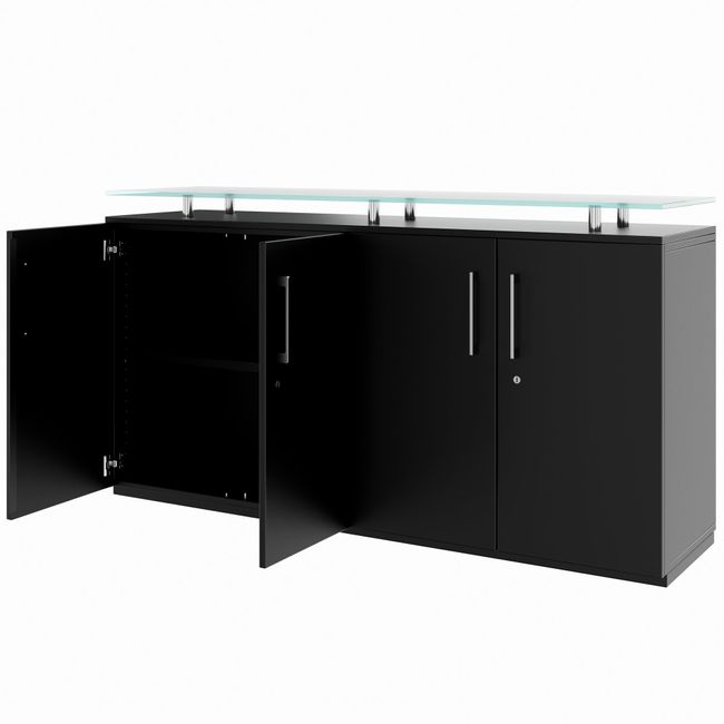 PRO Sideboard | 2 OH, 1600 x 860 mm, mit Glasplatte, Schwarz PRO Sideboard | 2 OH, 1600 x 860 mm, mit Glasplatte, Schwarz