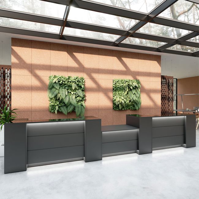 NOVUM Empfangstheke | 5200 - 6000 mm, Multicolor-LED-Beleuchtung, Anthrazit