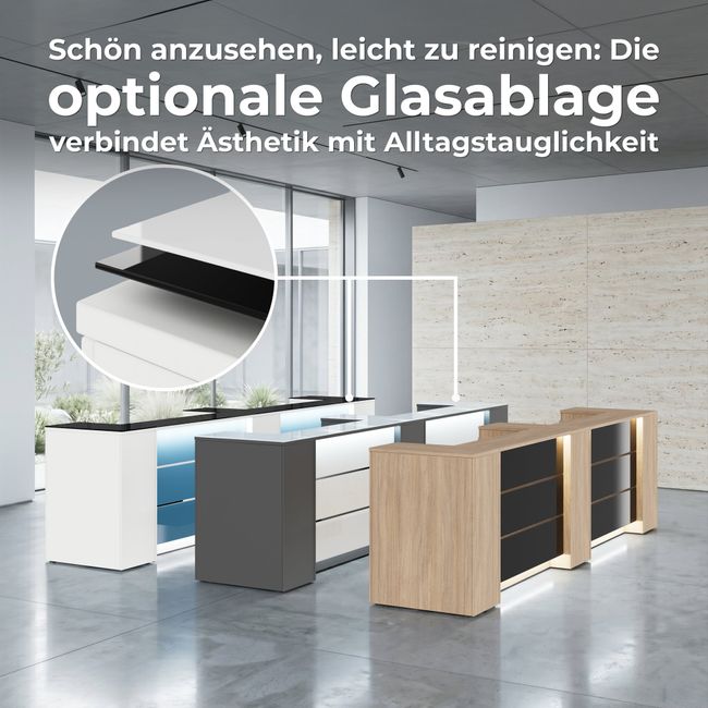 NOVUM Empfangstheke | 5200 - 6000 mm, Multicolor-LED-Beleuchtung, Bernsteineiche