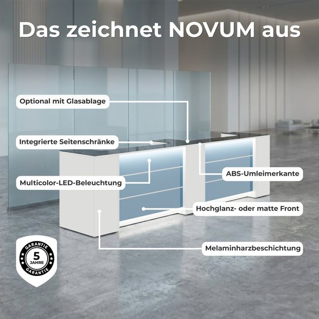 NOVUM Empfangstheke | 5200 - 6000 mm, Multicolor-LED-Beleuchtung, Bernsteineiche