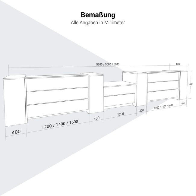 NOVUM Empfangstheke | 5200 - 6000 mm, Multicolor-LED-Beleuchtung, Bernsteineiche