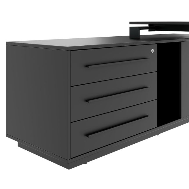 ART Chefschreibtisch | 2240 x 1800 mm, Integriertes Lowboard, Dunkelgrau