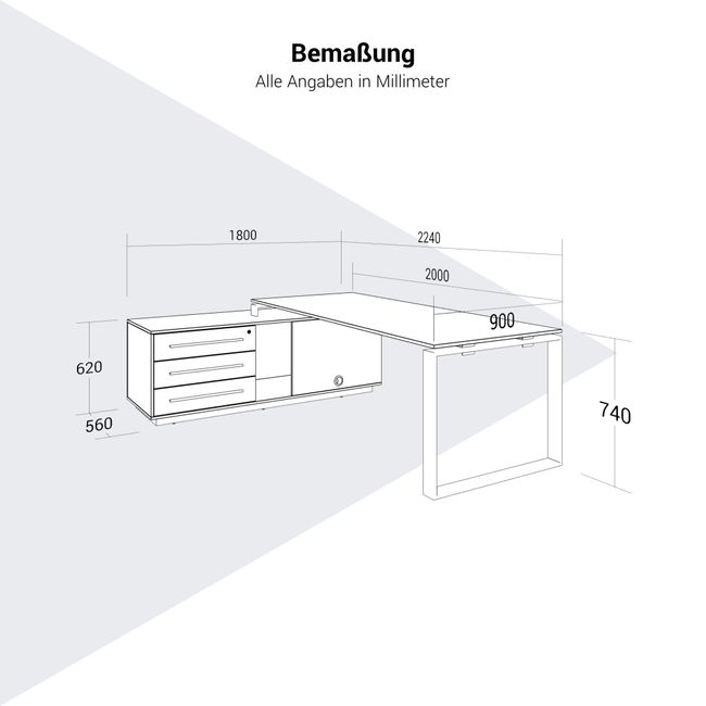 ART Chefschreibtisch | 2240 x 1800 mm, Integriertes Lowboard, Dunkelgrau