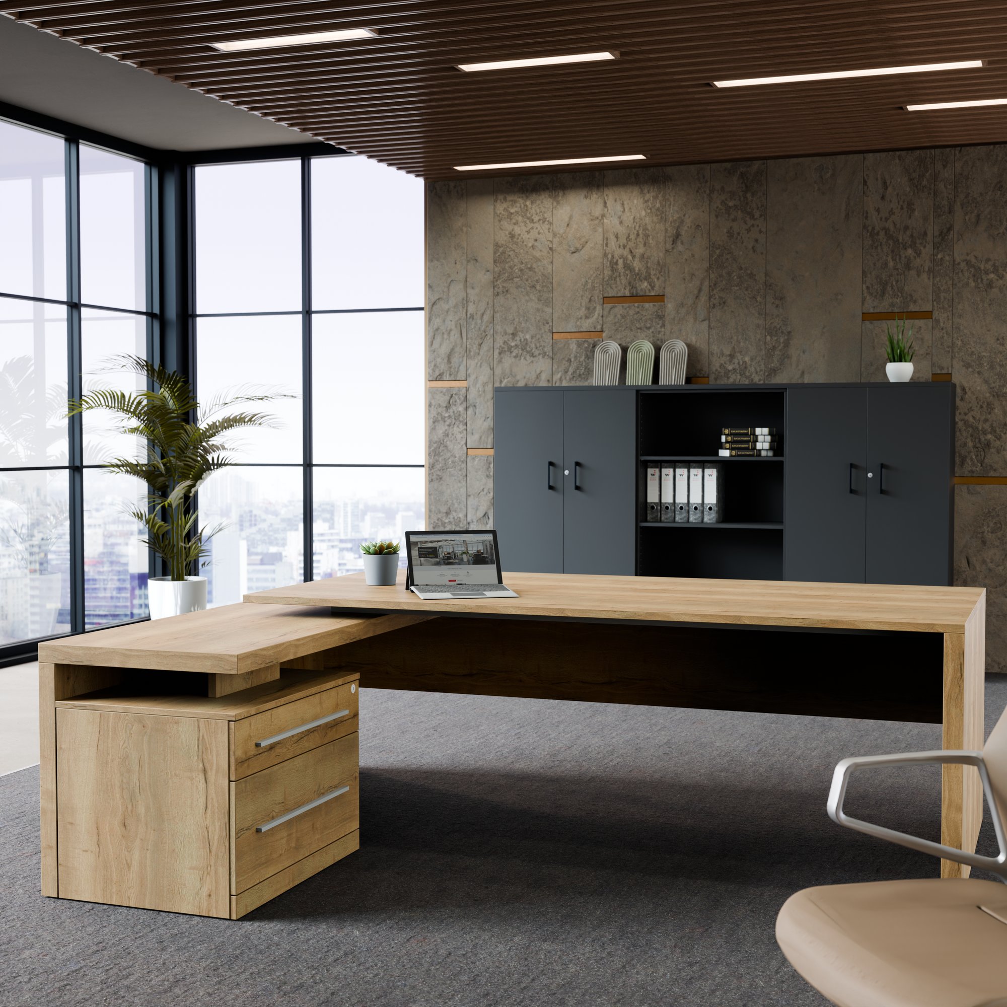 STRATEGO Chefschreibtisch | 2300 x 1720 mm, Integriertes Lowboard, Wildeiche - 3 Main Image