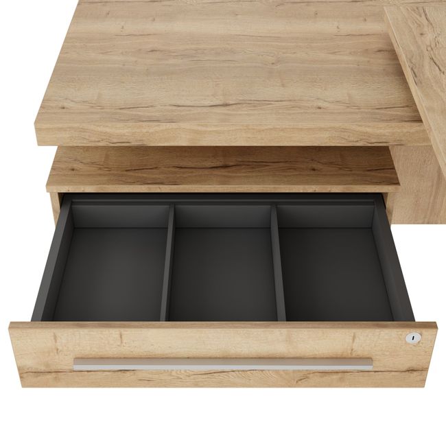 STRATEGO Chefschreibtisch | 2300 x 1720 mm, Integriertes Lowboard, Wildeiche