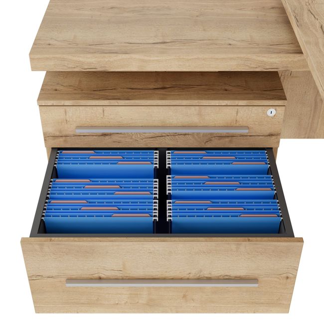 STRATEGO Chefschreibtisch | 2300 x 1720 mm, Integriertes Lowboard, Wildeiche