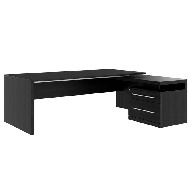 STRATEGO Chefschreibtisch | 2300 x 1720 mm, Integriertes Lowboard, Dunkle Eiche