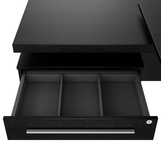 STRATEGO Chefschreibtisch | 2300 x 1720 mm, Integriertes Lowboard, Dunkle Eiche