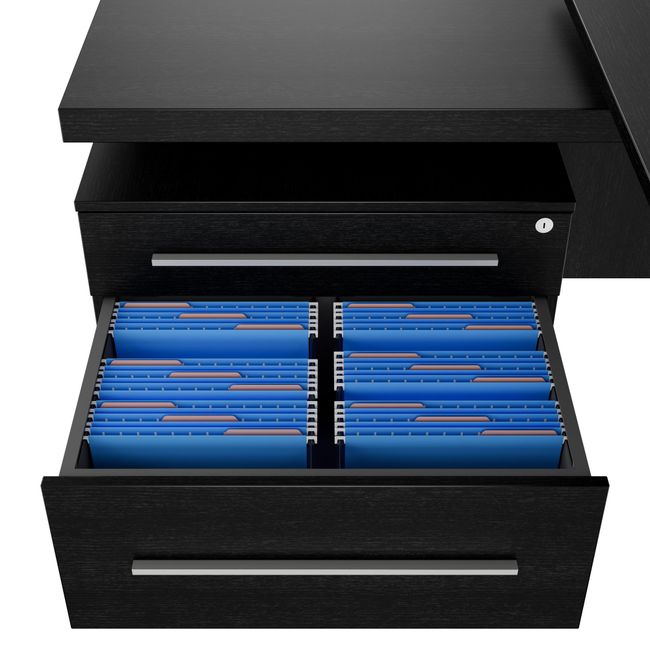 STRATEGO Chefschreibtisch | 2300 x 1720 mm, Integriertes Lowboard, Dunkle Eiche