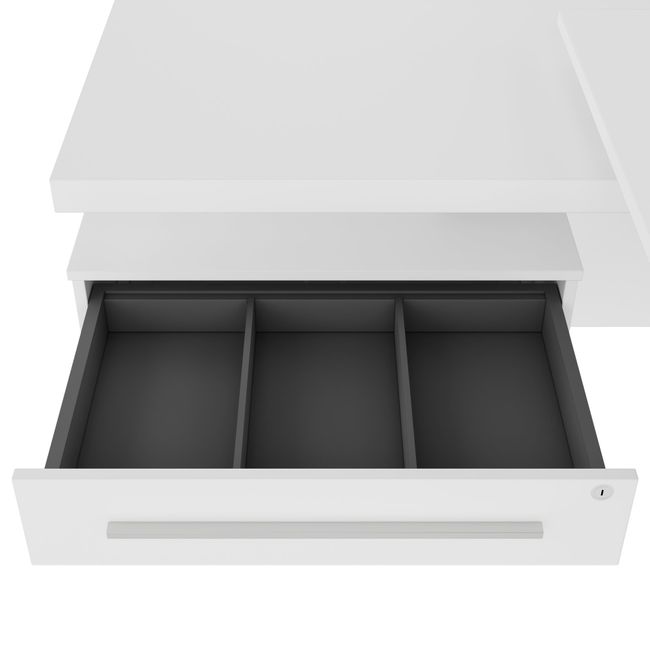 STRATEGO Chefschreibtisch | 2300 x 1720 mm, Integriertes Lowboard, Weiß STRATEGO Chefschreibtisch | 2300 x 1720 mm, Integriertes Lowboard, Weiß