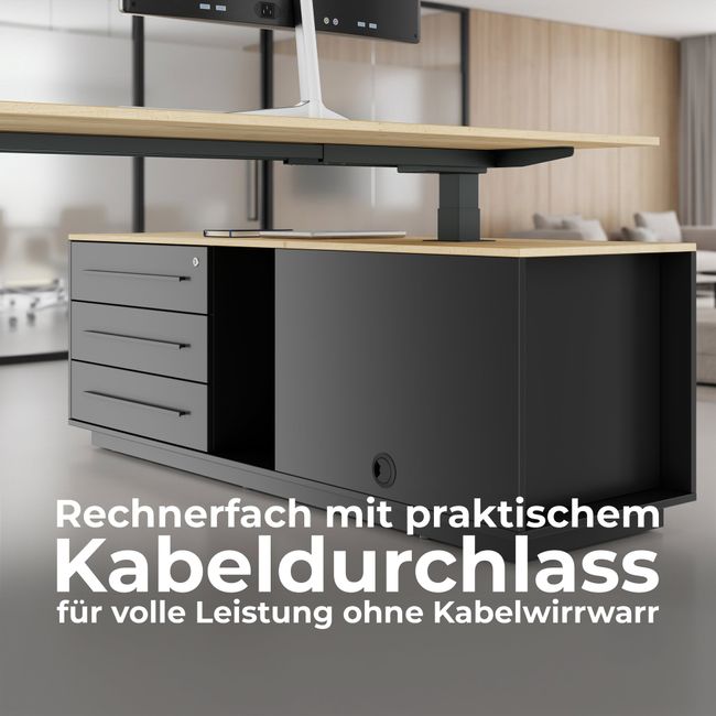 ART Chefschreibtisch mit Sideboard | 2130 x 1800 mm, elektrisch höhenverstellbar, Wildeiche
