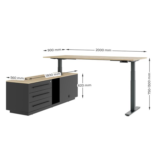 ART Chefschreibtisch mit Sideboard | 2130 x 1800 mm, elektrisch höhenverstellbar, Wildeiche