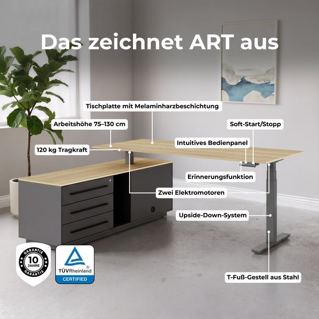 ART Chefschreibtisch mit Sideboard | 2130 x 1800 mm, elektrisch höhenverstellbar, Wildeiche