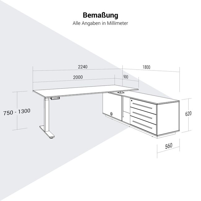 ART Chef-Schreibtisch mit Sideboard | 2240 x 1800 mm, elektrisch höhenverstellbar, Wildeiche