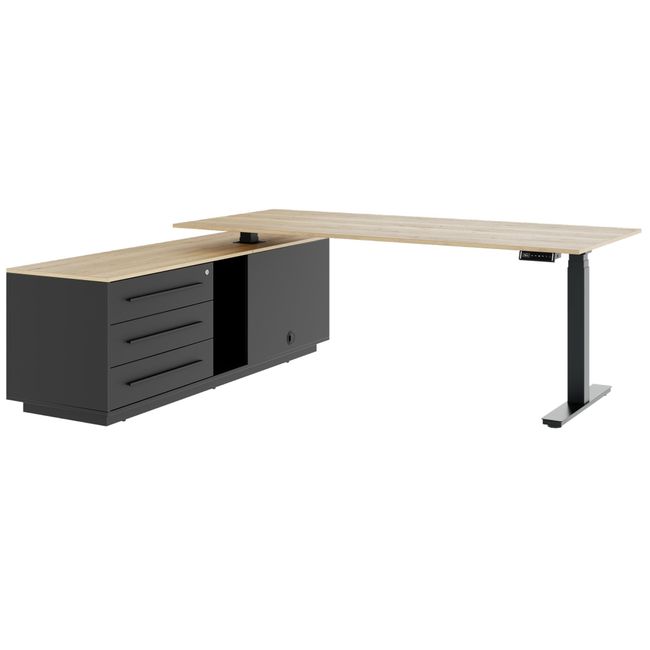 ART Chef-Schreibtisch mit Sideboard | 2240 x 1800 mm, elektrisch höhenverstellbar, Wildeiche