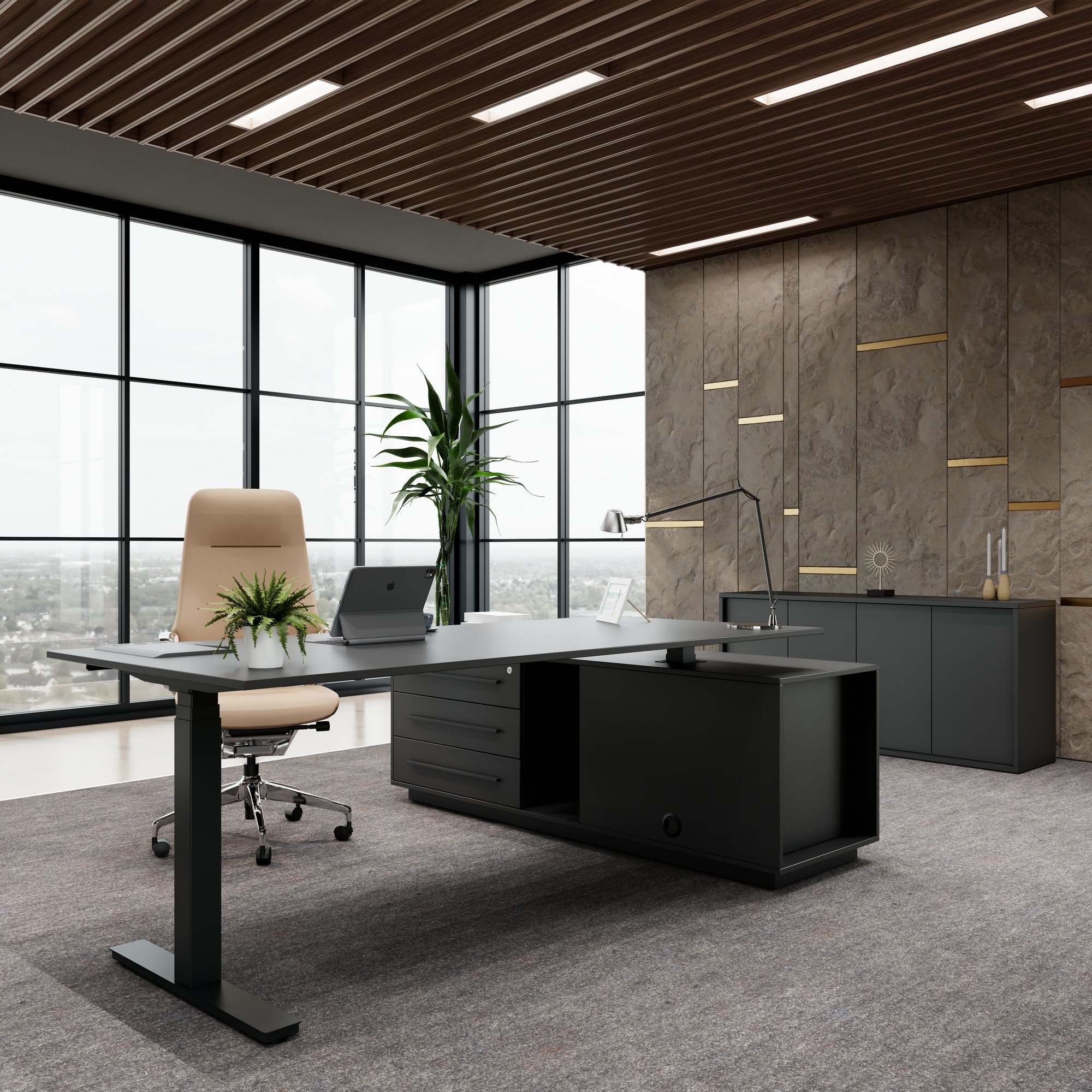 ART Chief desk with sideboard | 2240 x 1800 mm, electrically height adjustable, dark gray - 1 Main Image