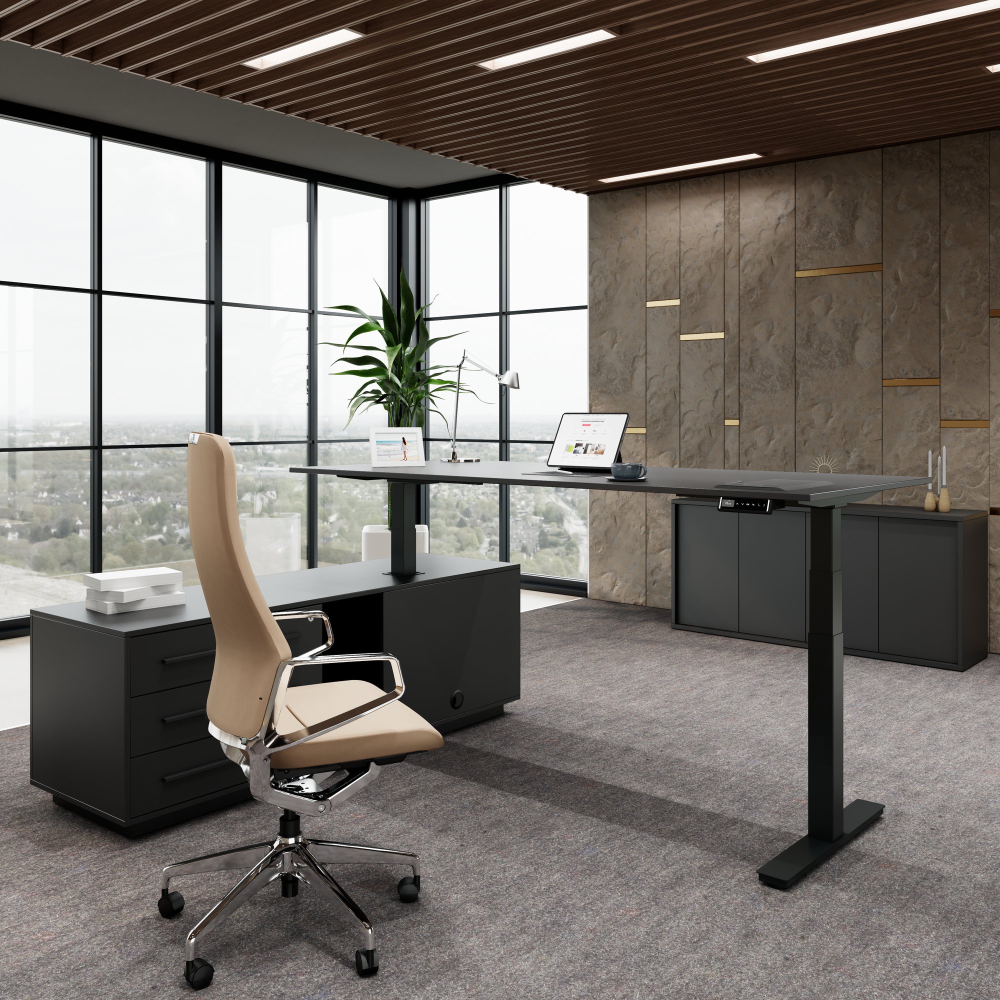 ART Chief desk with sideboard | 2240 x 1800 mm, electrically height adjustable, dark gray - 3 Main Image