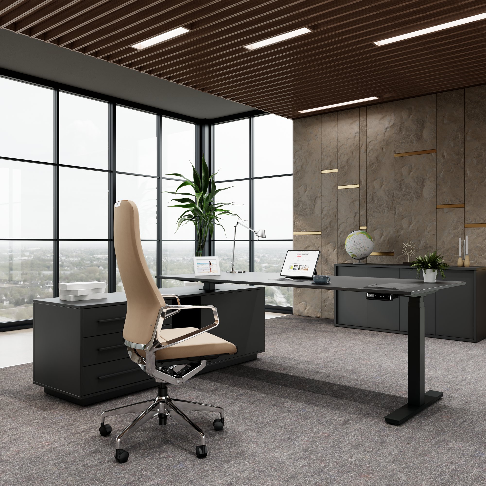 ART Chief desk with sideboard | 2240 x 1800 mm, electrically height adjustable, dark gray - 4 Main Image