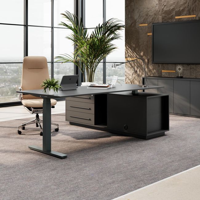 ART Chef-Schreibtisch mit Sideboard | 2130 x 1800 mm, elektrisch höhenverstellbar,  Dunkelgrau