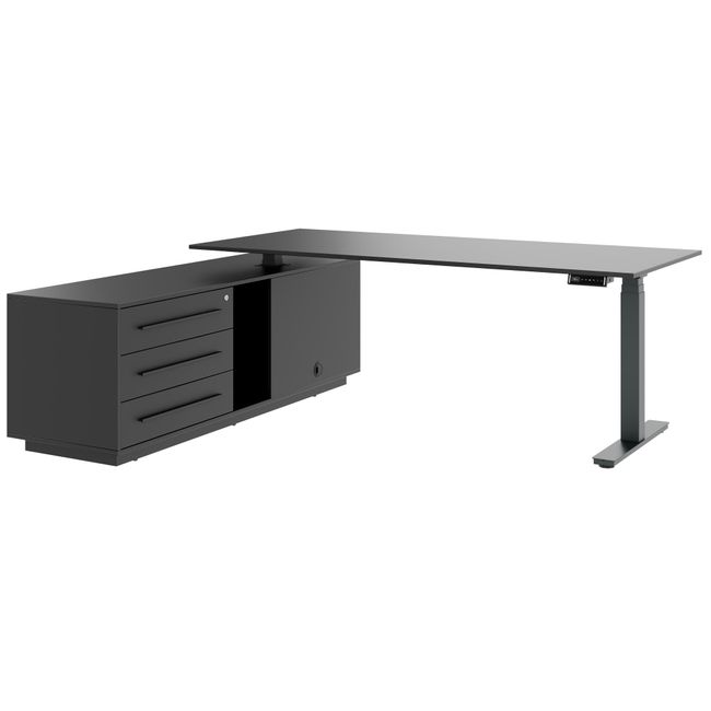 ART Chef-Schreibtisch mit Sideboard | 2130 x 1800 mm, elektrisch höhenverstellbar,  Dunkelgrau
