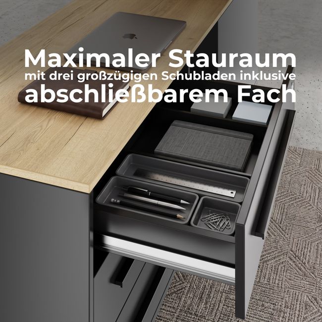 ART Chef-Schreibtisch mit Sideboard | 2130 x 1800 mm, elektrisch höhenverstellbar, Dunkelgrau