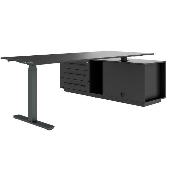 ART Chef-Schreibtisch mit Sideboard | 2130 x 1800 mm, elektrisch höhenverstellbar,  Dunkelgrau