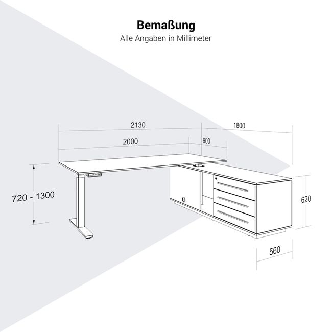 ART Chef-Schreibtisch mit Sideboard | 2130 x 1800 mm, elektrisch höhenverstellbar, Dunkelgrau