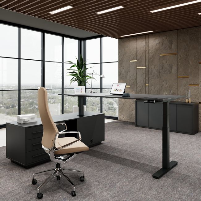 ART Chef-Schreibtisch mit Sideboard | 2240 x 1800 mm, elektrisch höhenverstellbar, Dunkelgrau