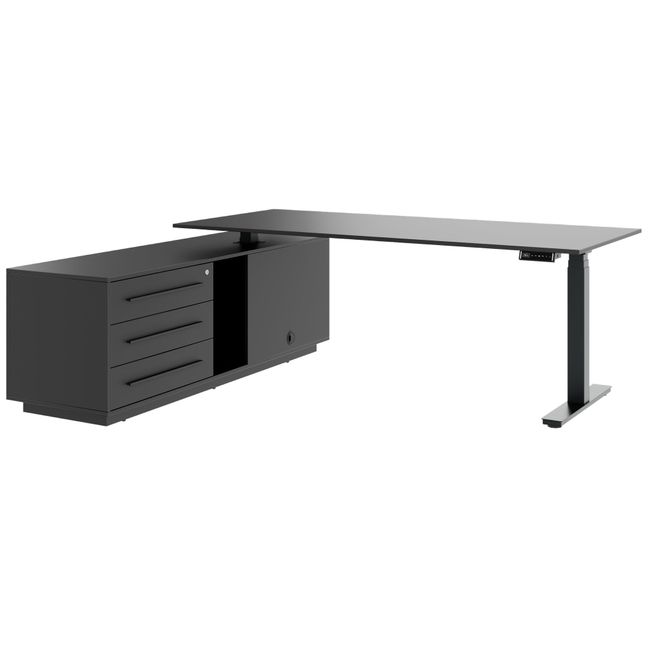 ART Chef-Schreibtisch mit Sideboard | 2240 x 1800 mm, elektrisch höhenverstellbar, Dunkelgrau