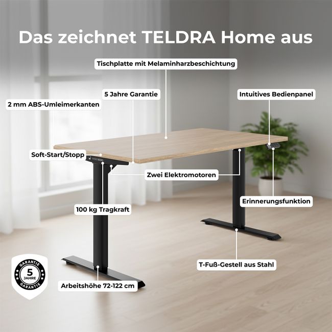 TELDRA Home, 2-Motoren-Schreibtisch | 1200 - 1600 mm, elektrisch höhenverstellbar, Bernsteineiche
