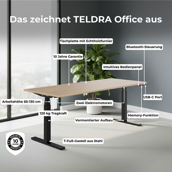 TELDRA Office, 2-Motoren-Schreibtisch | 1600 - 1800 mm, elektrisch höhenverstellbar, Echtholzfurnier Eiche
