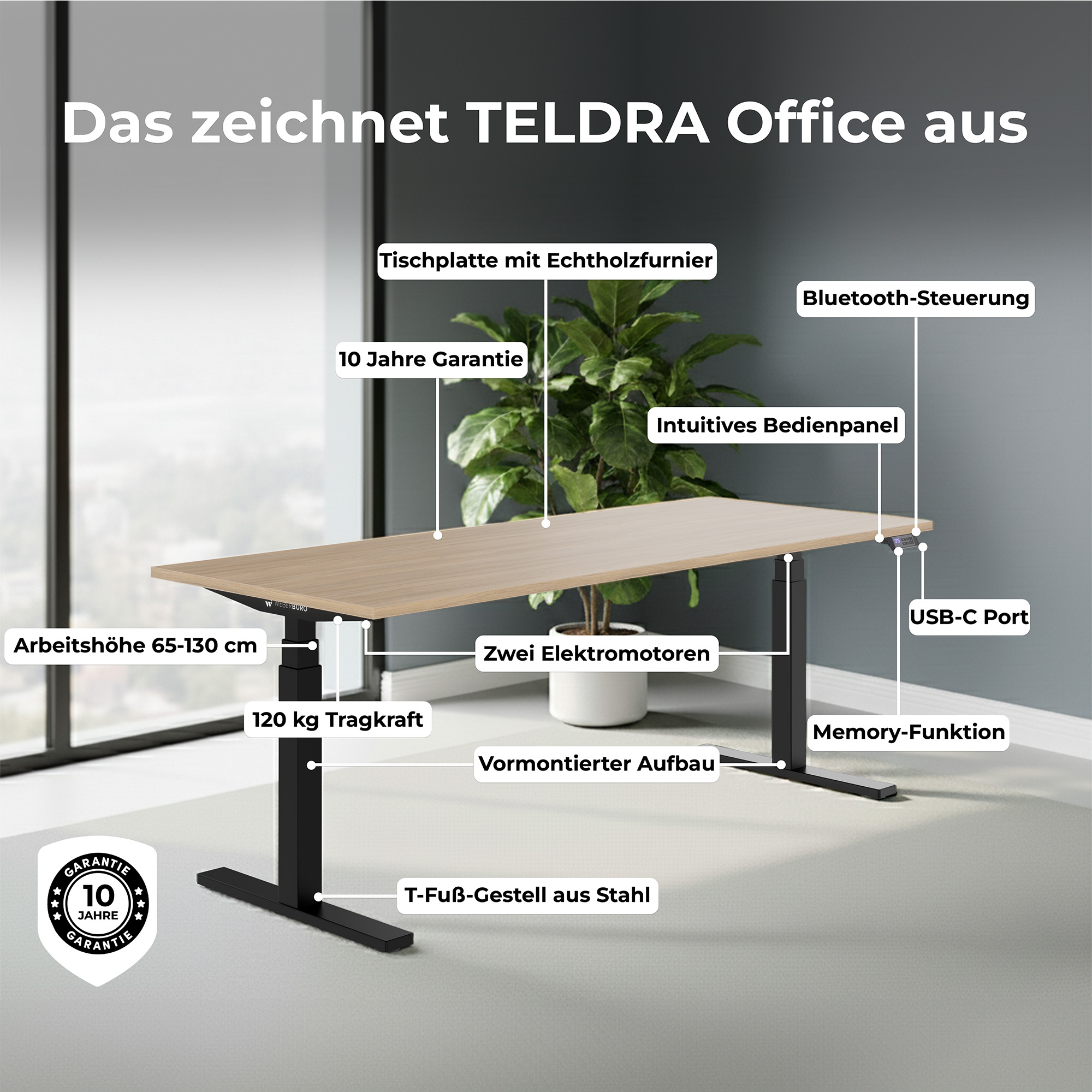 TELDRA Office, 2-Motoren-Schreibtisch | 1600 - 1800 mm, elektrisch höhenverstellbar, Echtholz-Furnier Nussbaum - 10 Main Image
