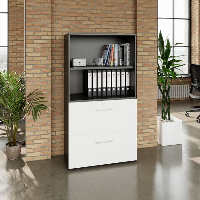PRO Hängeregisterschrank | 4 OH, 800 x 1510 mm, verleimter Korpus, mit Regal, Graphit / Weiß PRO Hängeregisterschrank | 4 OH, 800 x 1510 mm, verleimter Korpus, mit Regal, Graphit / Weiß