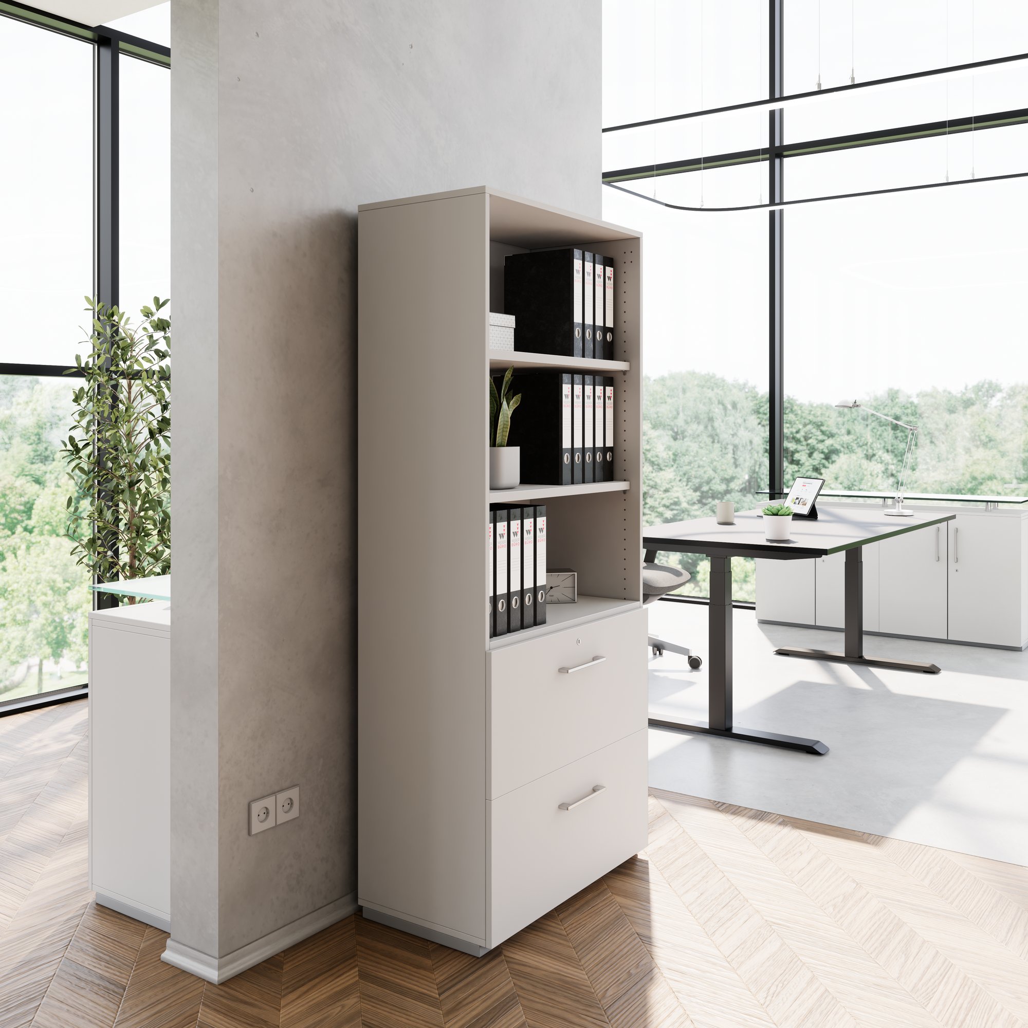 PRO Hängeregisterschrank | 5 OH, 800 x 1880 mm, verleimter Korpus, mit Regal, Grau - 13 Main Image