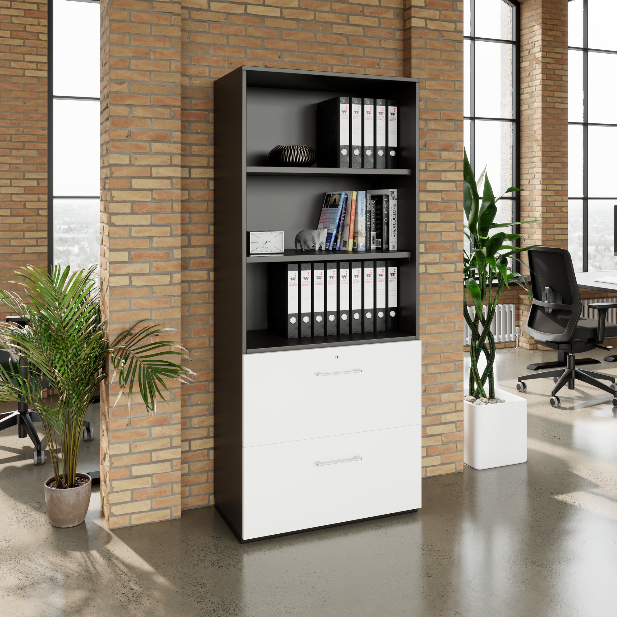 PRO Hängeregisterschrank | 5 OH, 800 x 1880 mm, verleimter Korpus, mit Regal, Graphit / Weiß - 3 Main Image