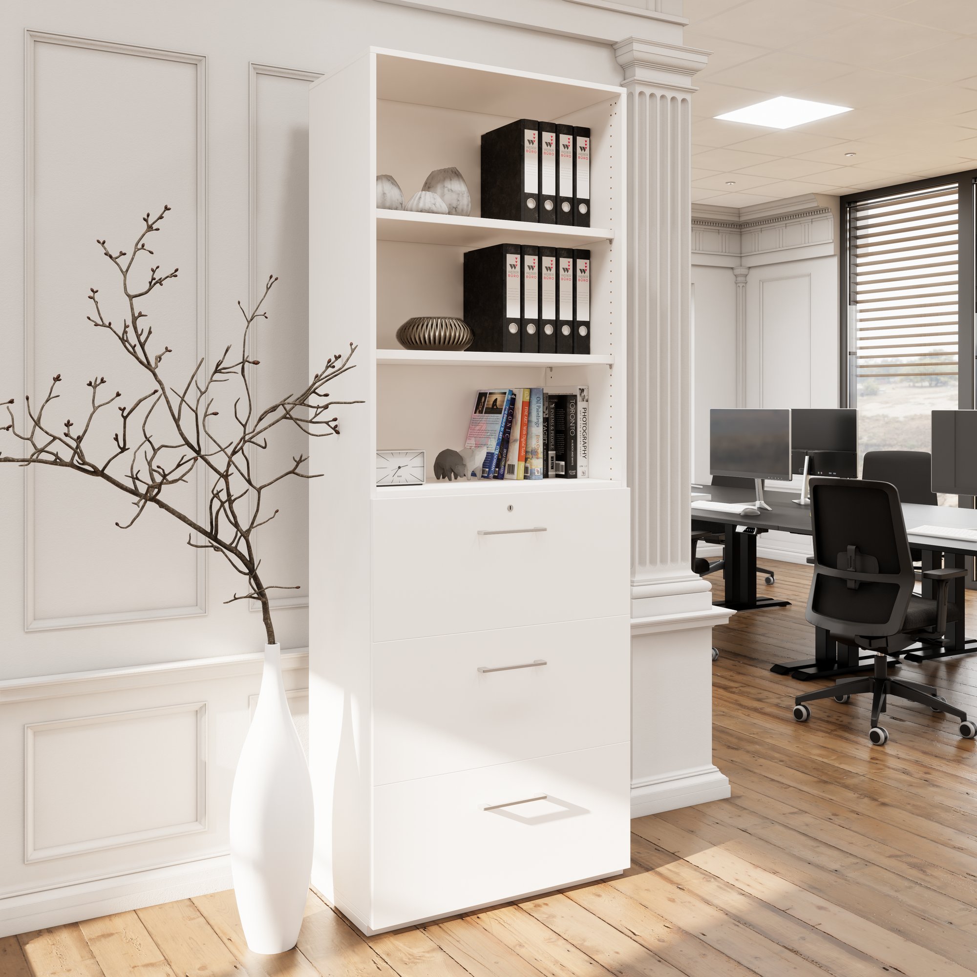PRO Topping register cabinet | 6 Oh, 800 x 2250 mm, glued corpus, with shelf, white - 13 Main Image