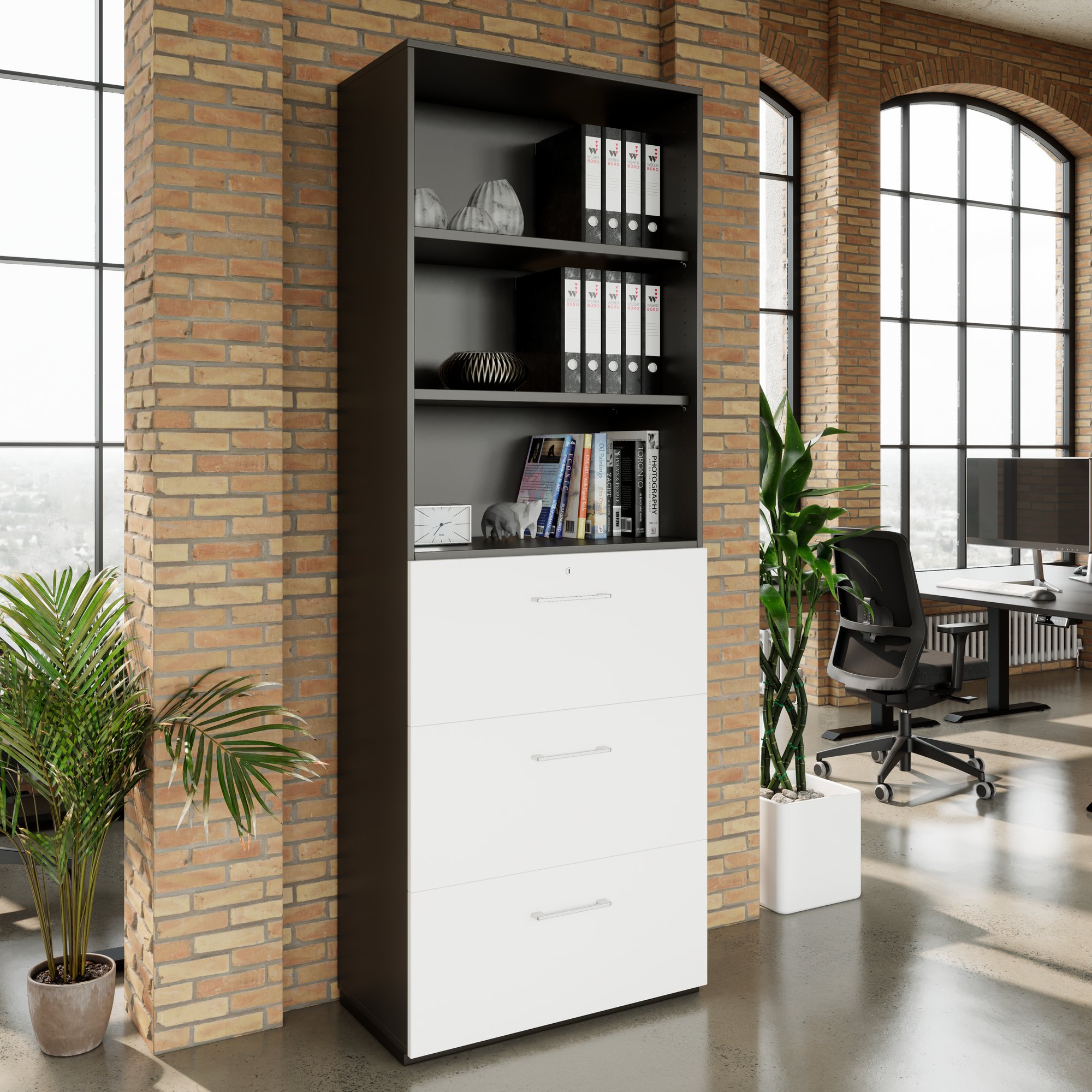 PRO Topping register cabinet | 6 Oh, 800 x 2250 mm, glued corpus, with shelf, graphite / white - 13 Main Image