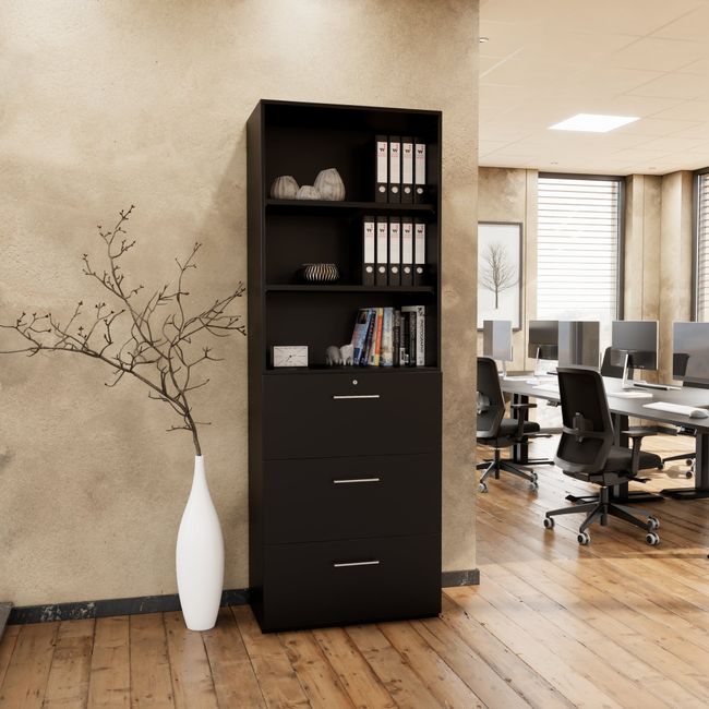 PRO Hängeregisterschrank | 6 OH, 800 x 2250 mm, verleimter Korpus, mit Regal, Schwarz PRO Hängeregisterschrank | 6 OH, 800 x 2250 mm, verleimter Korpus, mit Regal, Schwarz