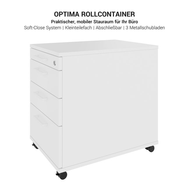 OPTIMA PRO Rollcontainer | 3 Metallschubladen + 1 Kleinteilefach, Soft Close, Perlgrau OPTIMA PRO Rollcontainer | 3 Metallschubladen + 1 Kleinteilefach, Soft Close, Perlgrau