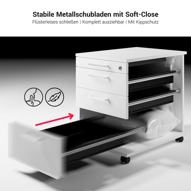 OPTIMA PRO Rollcontainer | 3 Metallschubladen + 1 Kleinteilefach, Soft Close, Perlgrau OPTIMA PRO Rollcontainer | 3 Metallschubladen + 1 Kleinteilefach, Soft Close, Perlgrau