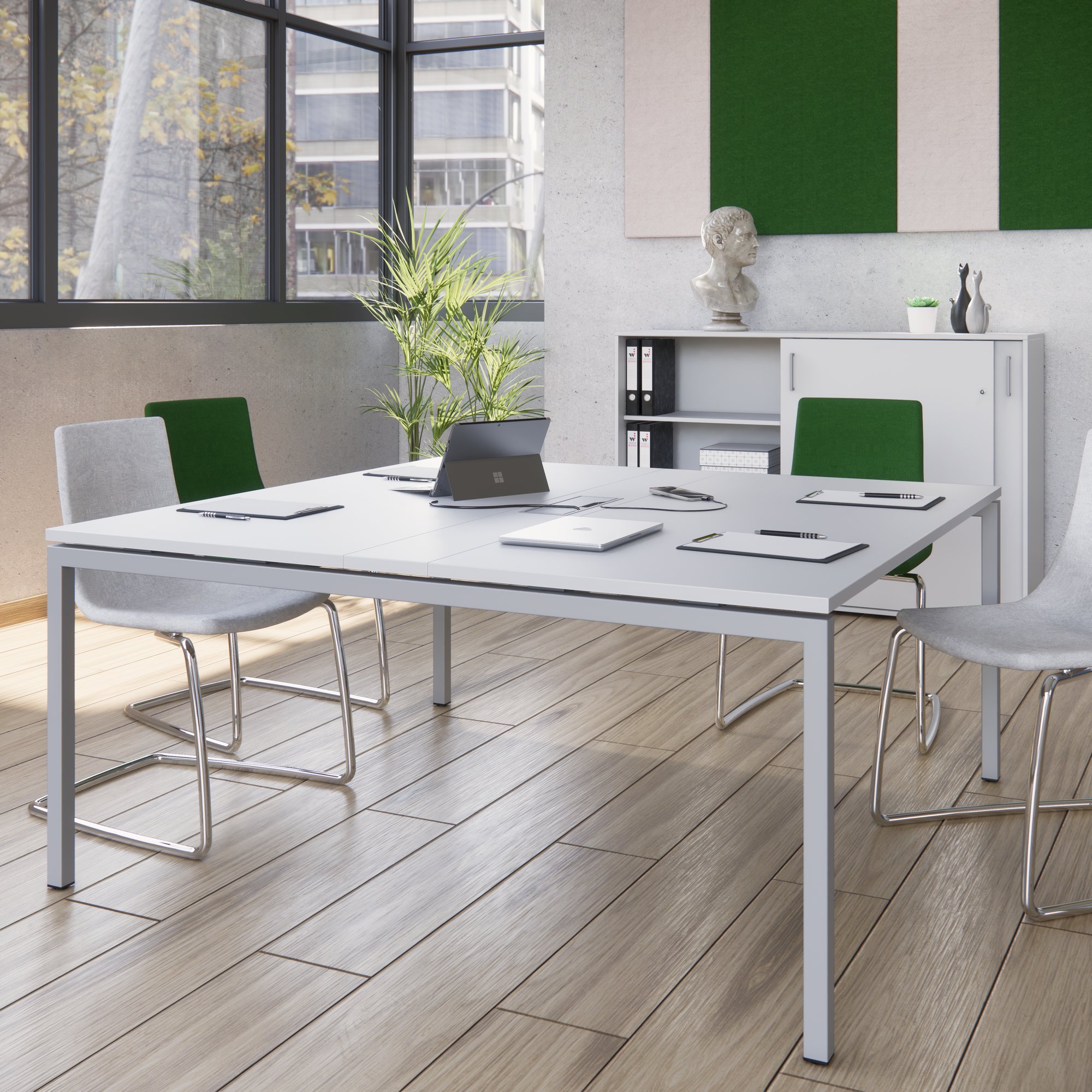 NOVA Konferenztisch | 1600 x 1640 mm (6 - 8 Personen), elektrifiziert, Perlgrau - 12 Main Image