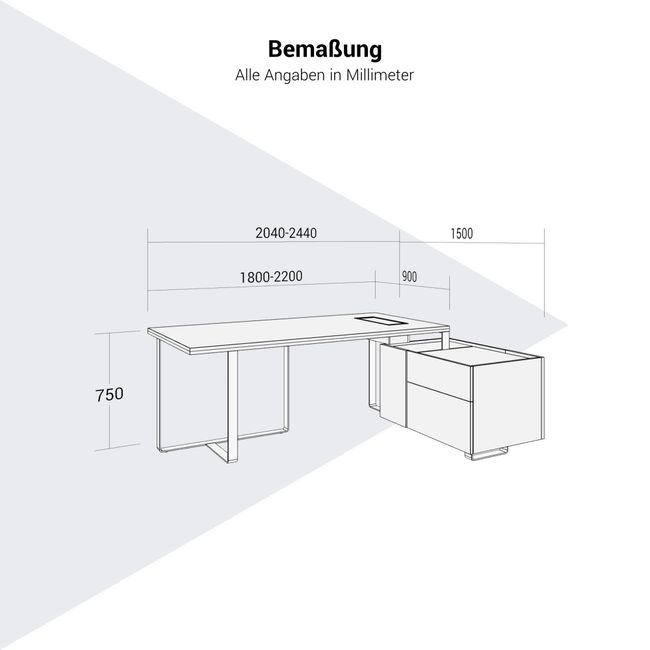 PLANA Chefschreibtisch | 2040-2440 x 750 mm, integriertes Lowboard
