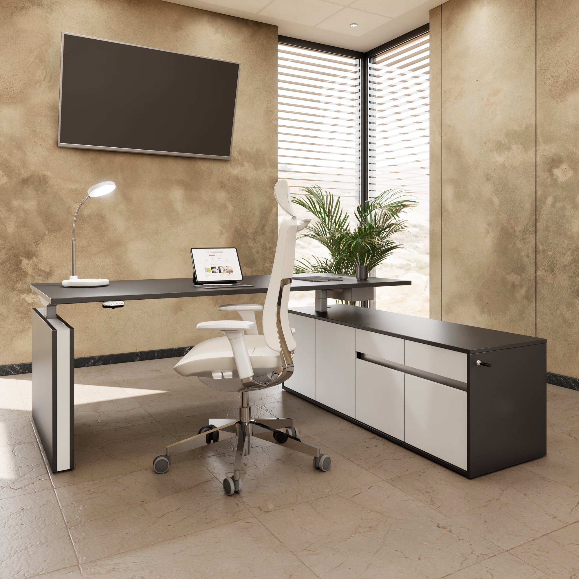 MOTION 2-motor desk with sideboard | Electrically height adjustable, 2000 x 1800 mm, anthracite - 2 Main Image